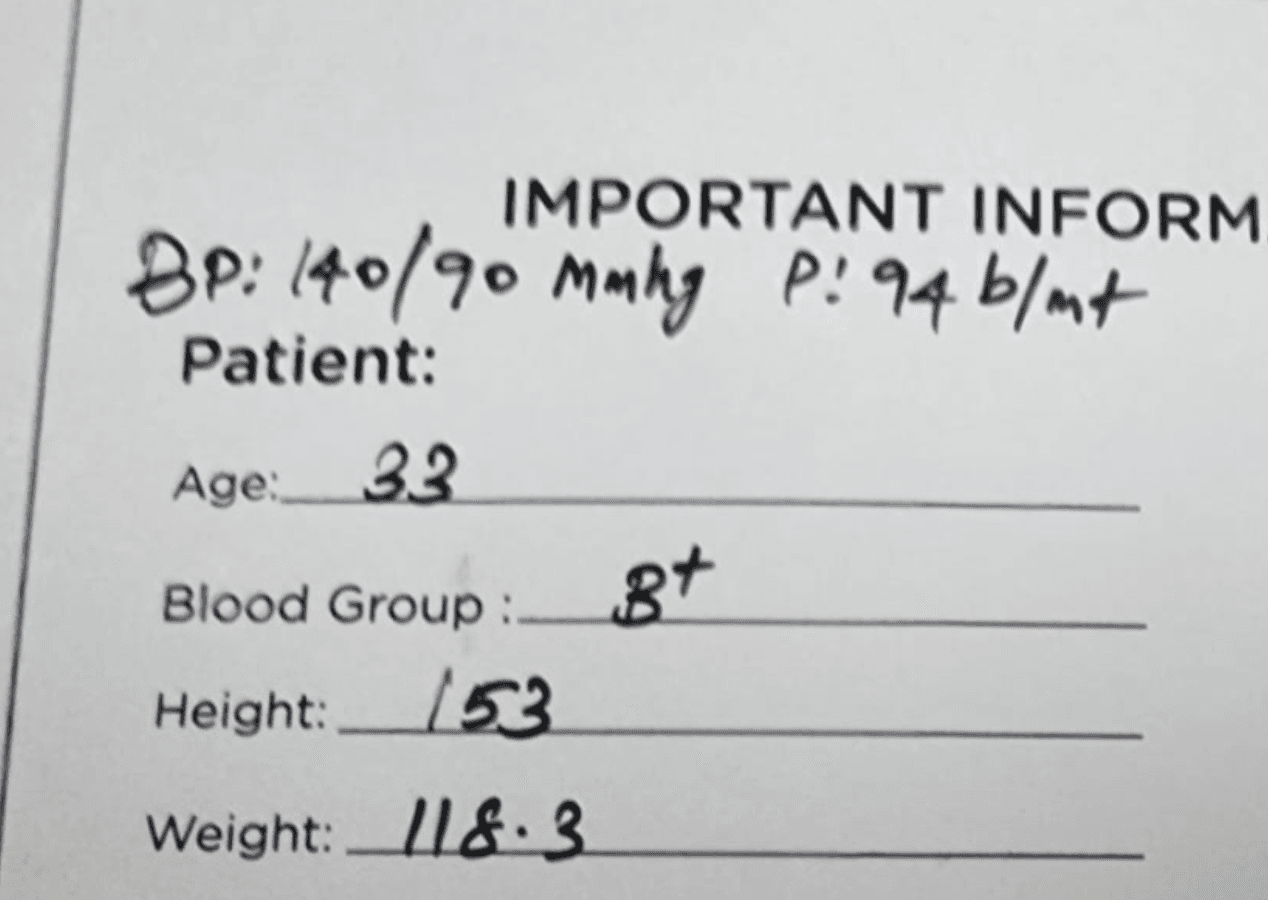 Lalitha's initial clinical record: Age 33, Height 153 cm, Weight 118.3 kg, BP 140/90 mmHg, pulse 94 bpm