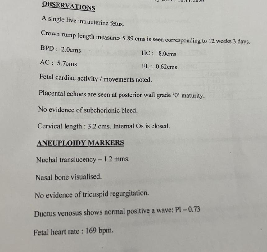 Scan observations showing a single live fetus with normal fetal cardiac activity, closed cervix, and reassuring aneuploidy markers including a nuchal translucency of 1.2 mm