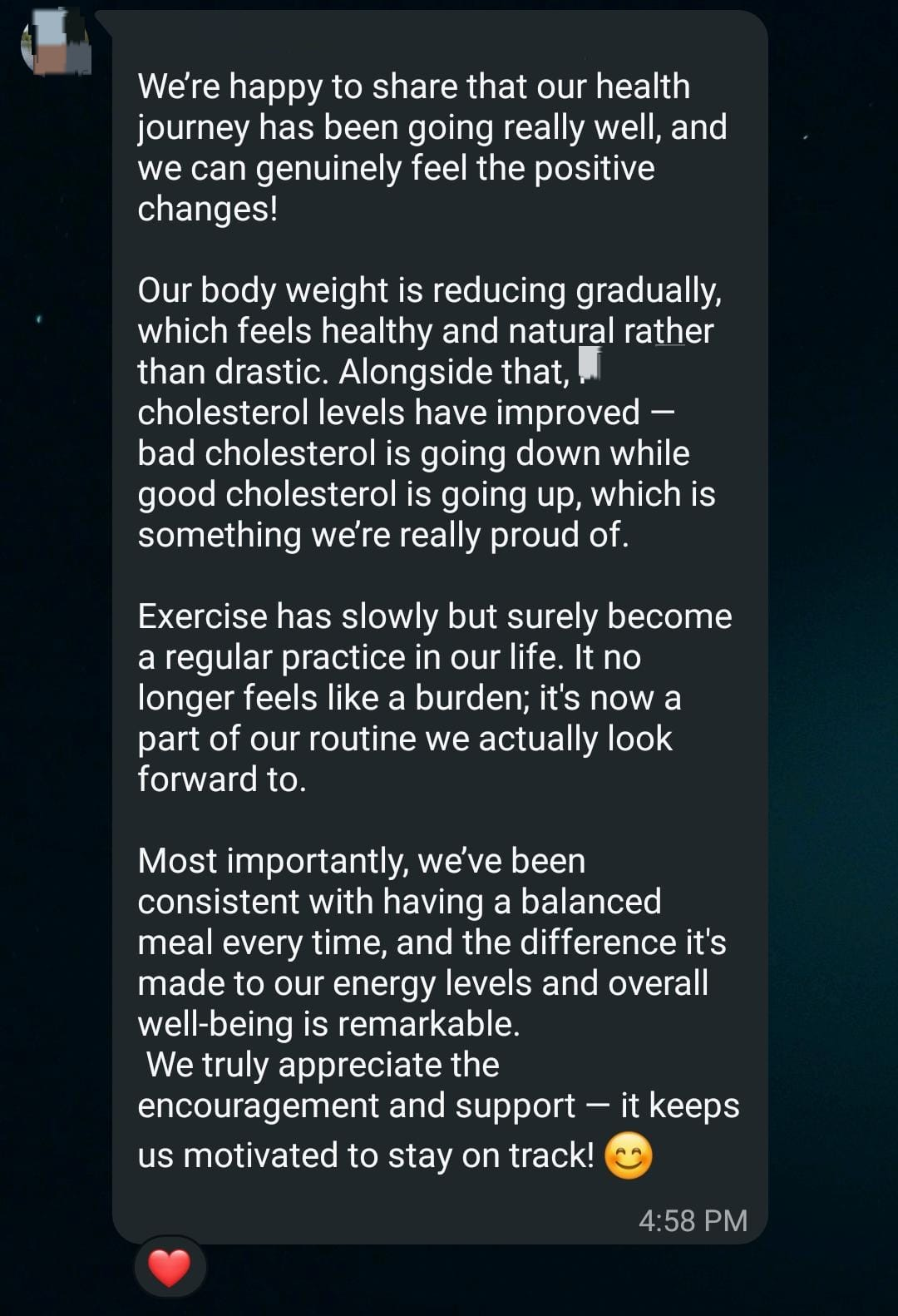 Nandhini's WhatsApp update describing gradual weight reduction, improving cholesterol, exercise becoming a routine she looks forward to, and consistent balanced meals