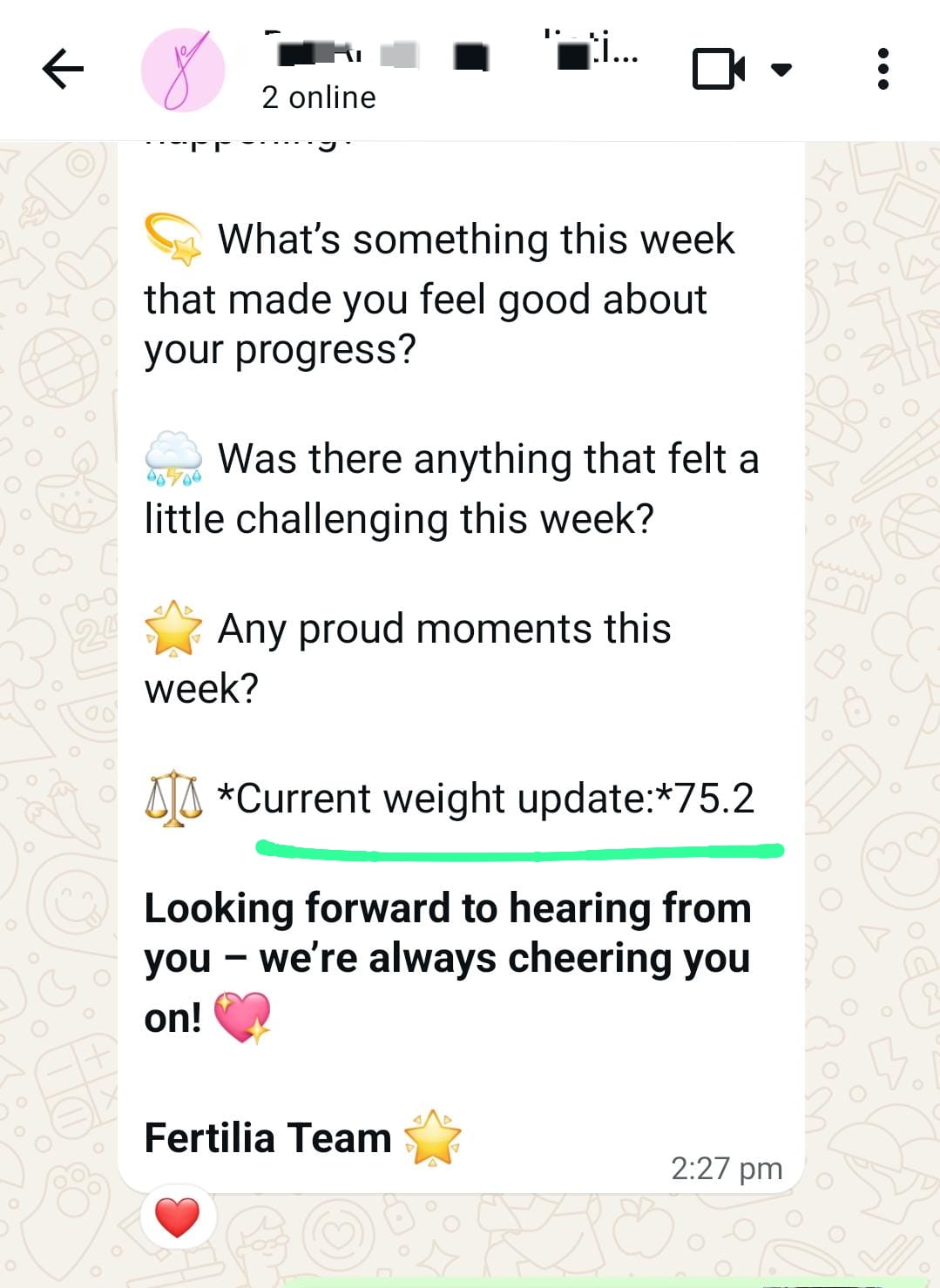 Weekly check-in message showing Dr. Anitha's weight update of 75.2 kg