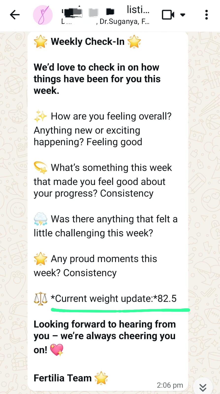 Fertilia weekly check-in message showing Dr. Anitha's weight update of 82.5 kg, her first kilogram down