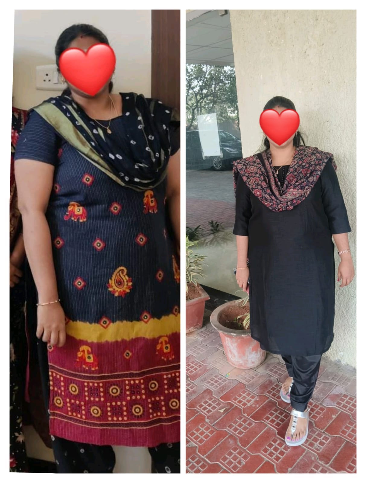 Before and after photos of Dr. Anitha, at the start of the program and four months later, visibly lighter