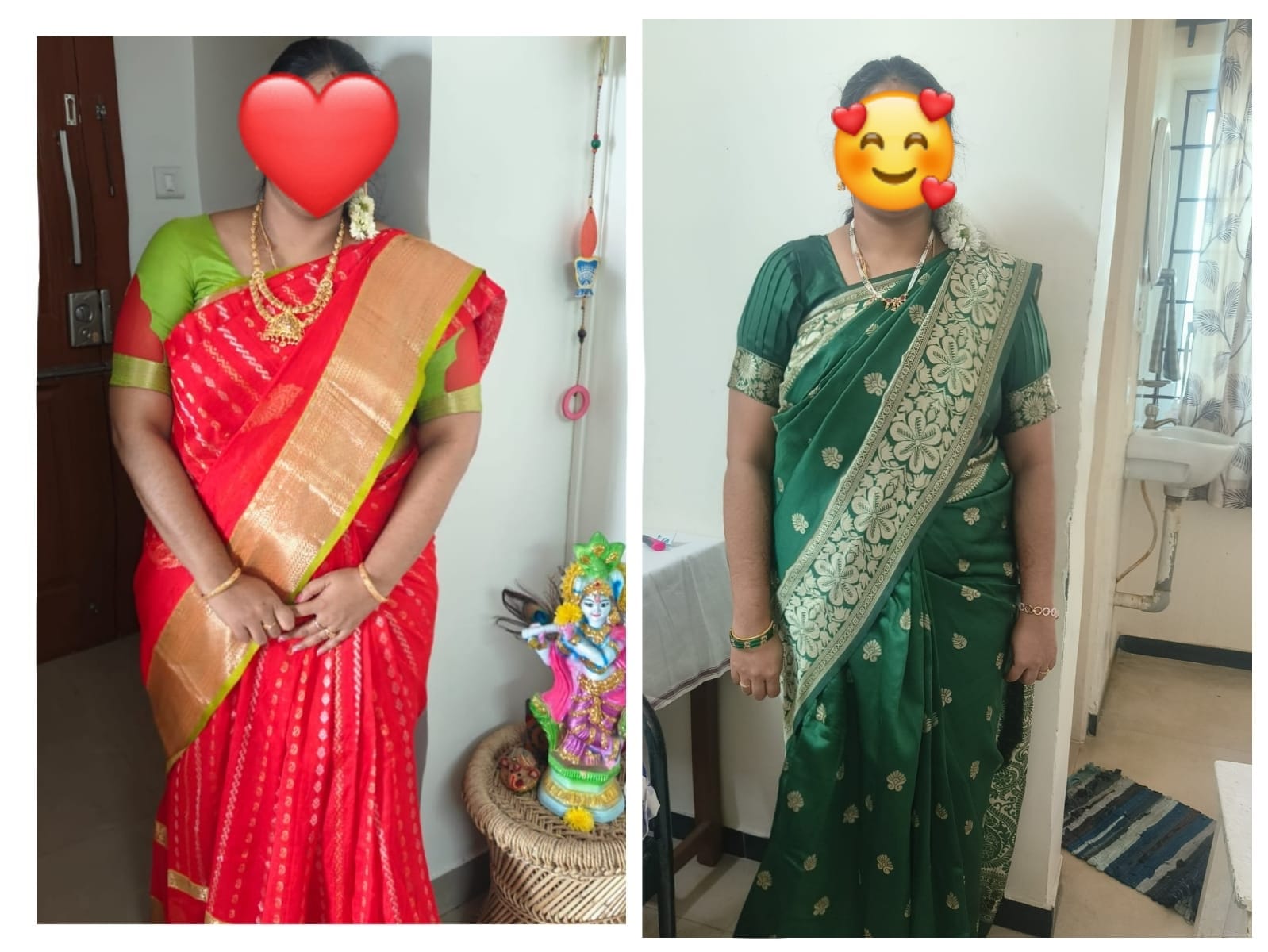 Side-by-side photos of Dr. Anitha in sarees during the program, visibly lighter in the later photo