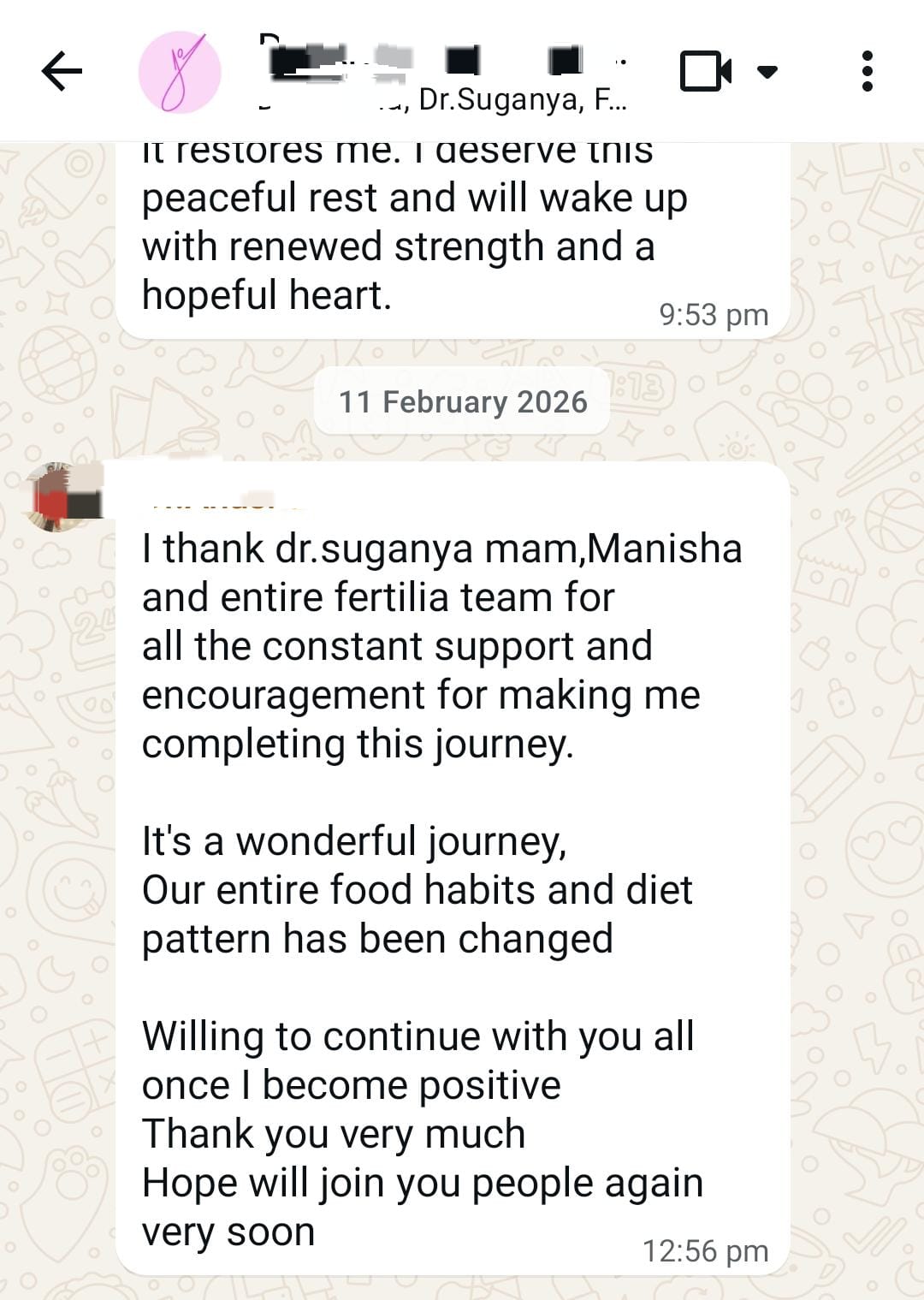 Dr. Anitha's WhatsApp message thanking Dr. Suganya, Manisha and the entire Fertilia team for the constant support through the journey