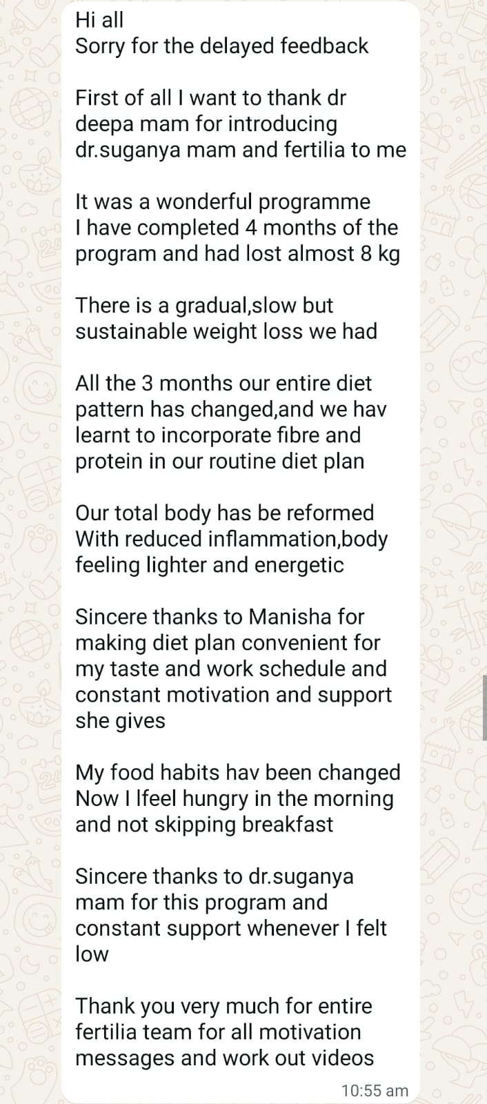 Dr. Anitha's detailed feedback message: four months completed, almost 8 kg lost, diet pattern changed, body feeling lighter and energetic, breakfast no longer skipped
