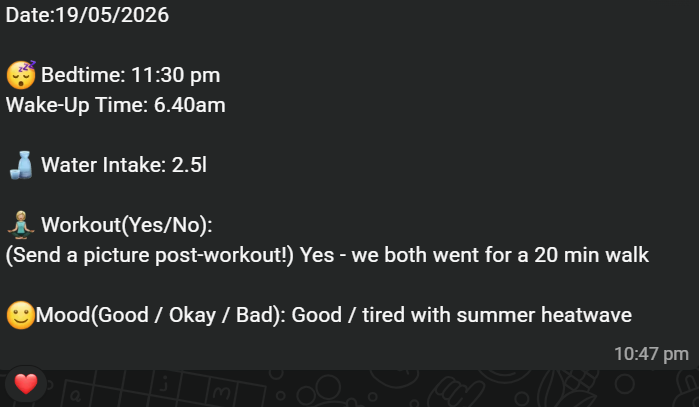Daily check-in message from the couple: bedtime, wake-up time, water intake, a 20-minute walk together, and mood logged as good