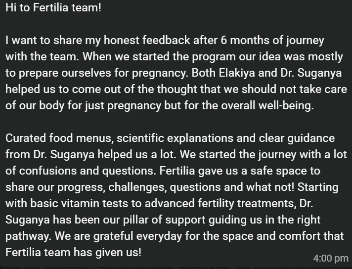 The couple's six-month feedback message describing how the program changed their focus from pregnancy alone to overall well-being