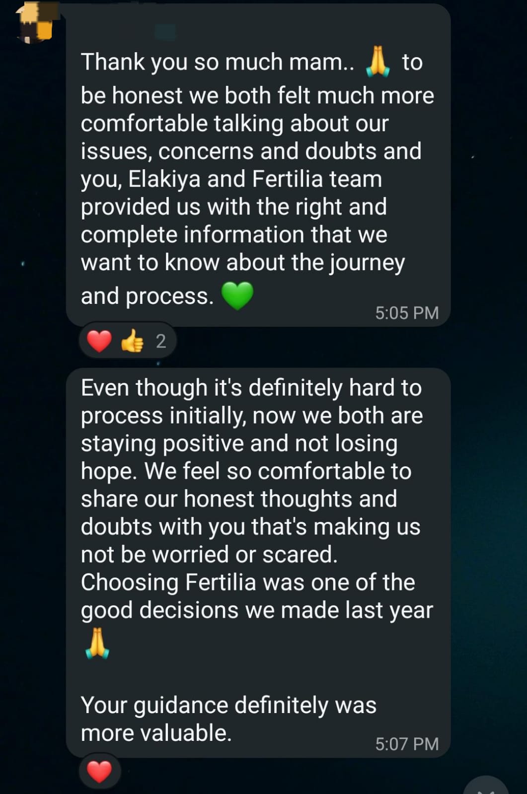 The couple's message thanking the Fertilia team, describing how comfortable they felt discussing their concerns and how the team gave them complete information about the journey