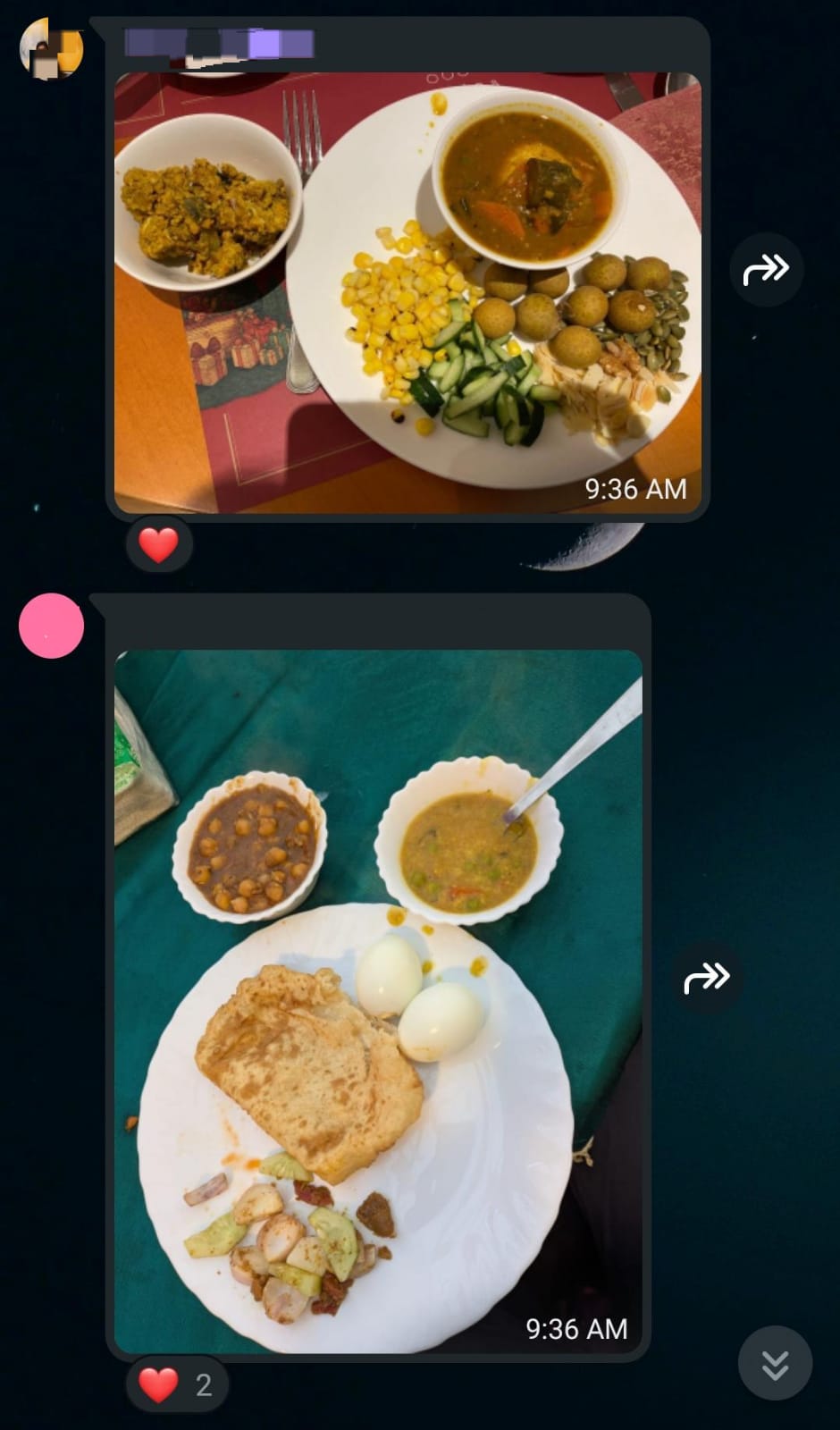 WhatsApp messages from the couple sharing hotel meal photos during travel: a plate with corn, cucumber and curry, and a breakfast with boiled eggs and chole