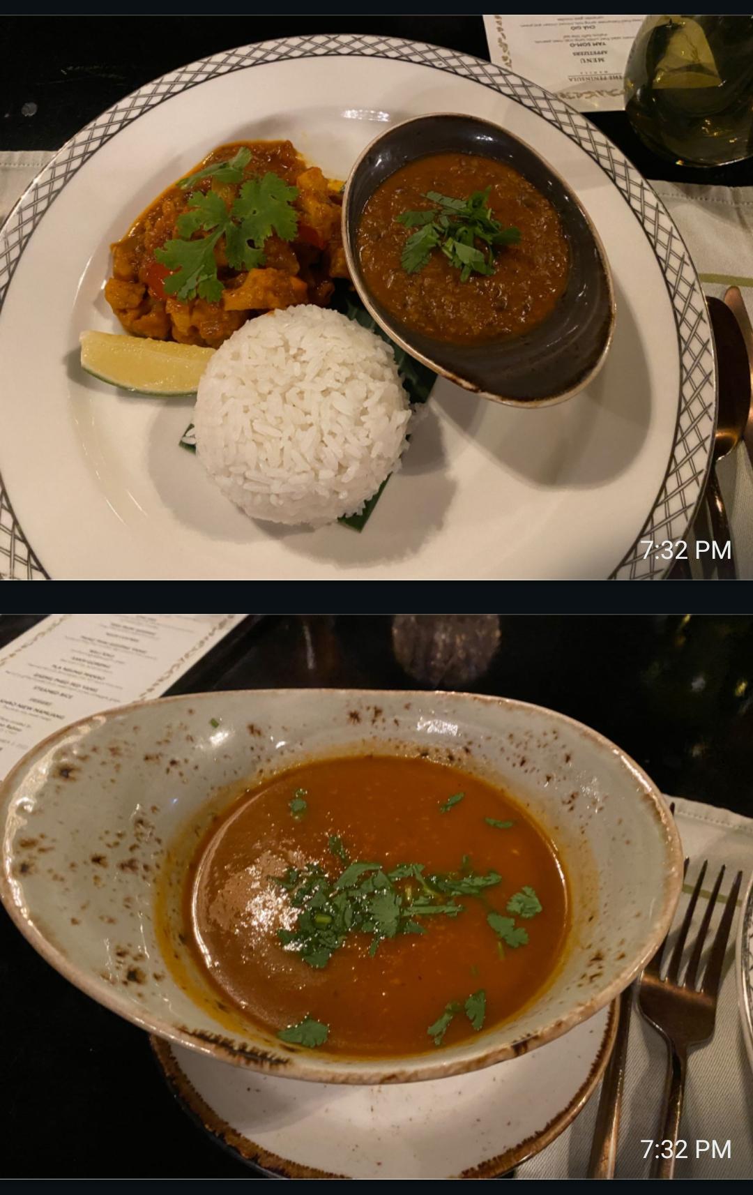 Restaurant dinner during the couple's trip: steamed rice, curry and a clear soup, chosen per the travel guidance