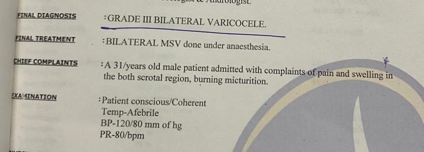 Shiva's surgical record showing the final diagnosis of grade III bilateral varicocele and bilateral MSV done under anaesthesia