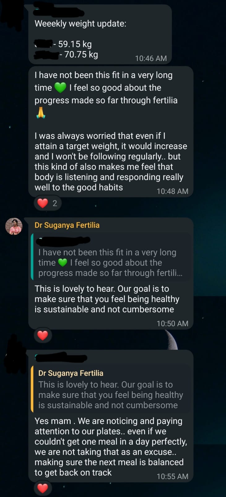 WhatsApp weekly weight update showing Kalai at 59.15 kg and Shiva at 70.75 kg, with Kalai's message about feeling fitter than she has in a long time