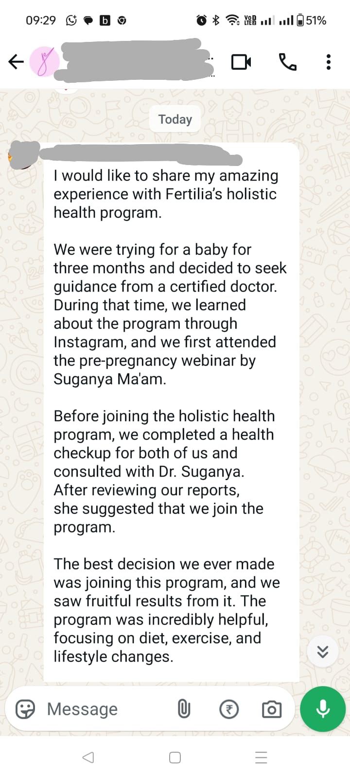 First part of the couple's WhatsApp testimonial describing how they found Fertilia through Instagram, attended the pre-pregnancy webinar and joined after a health checkup