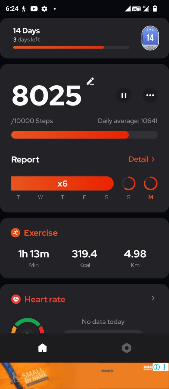 A step-tracker screenshot showing about 8,000 steps that day, a daily average above 10,000, and a six-day streak