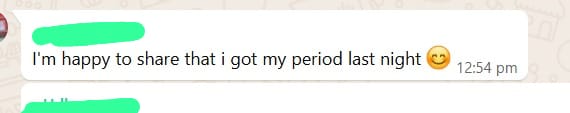 Sujatha's message after the program ended: "I'm happy to share that I got my period last night 😊"