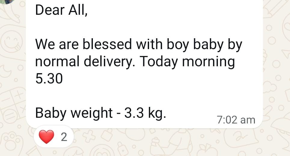 Vikram sharing the delivery update on WhatsApp: "We are blessed with boy baby by normal delivery"