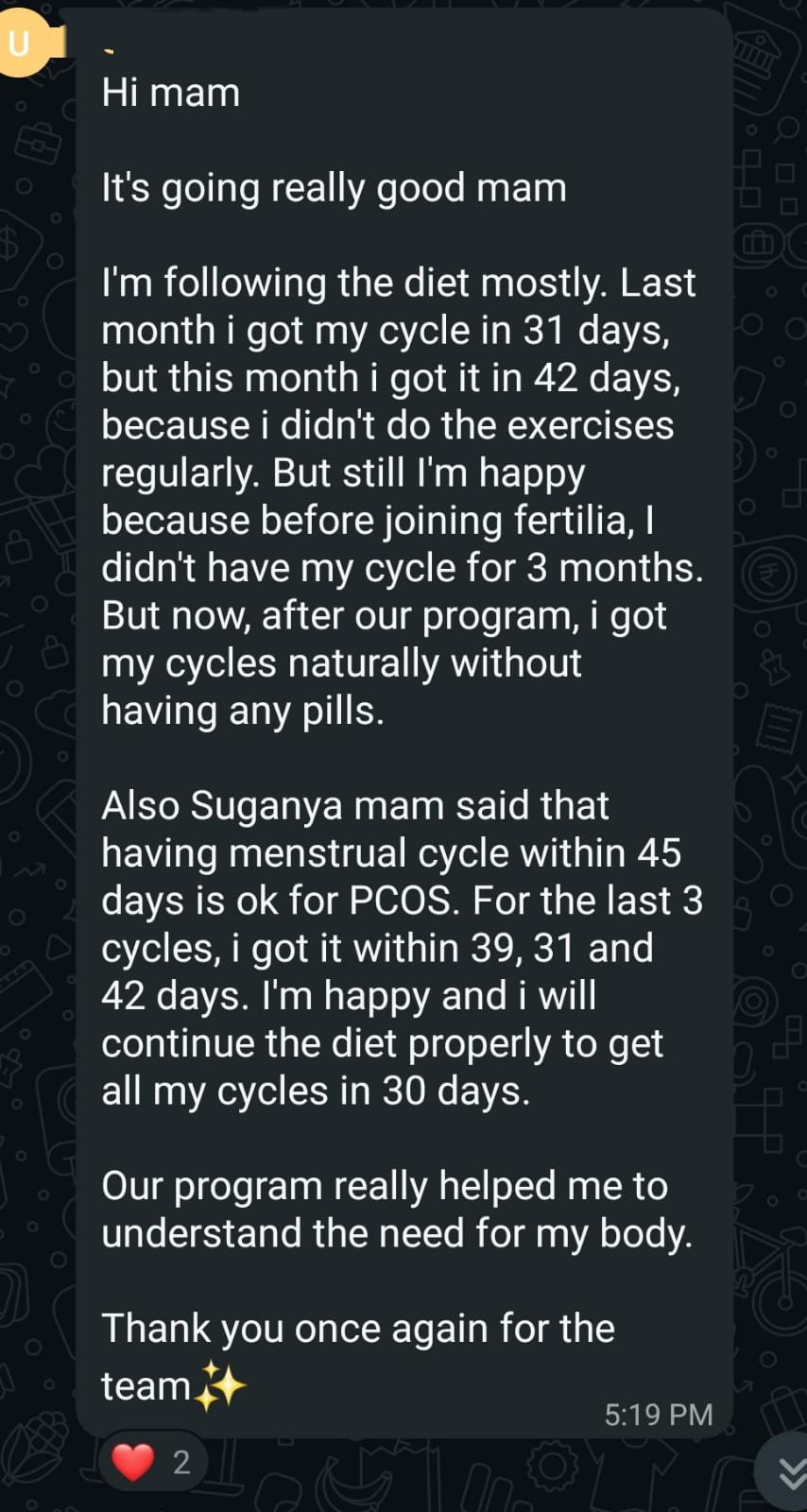 Gayathri's follow-up message: natural cycles of 39, 31 and 42 days after PCOS, without tablets