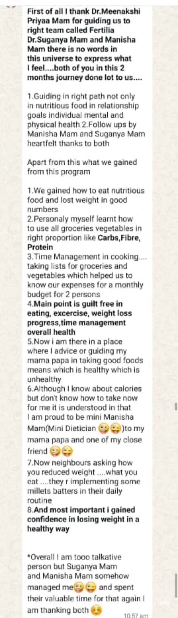 Patient sharing weight loss journey and nutrition knowledge gained from Fertilia program