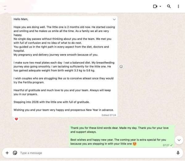 New mother sharing smooth pregnancy journey and healthy baby growth after Fertilia support