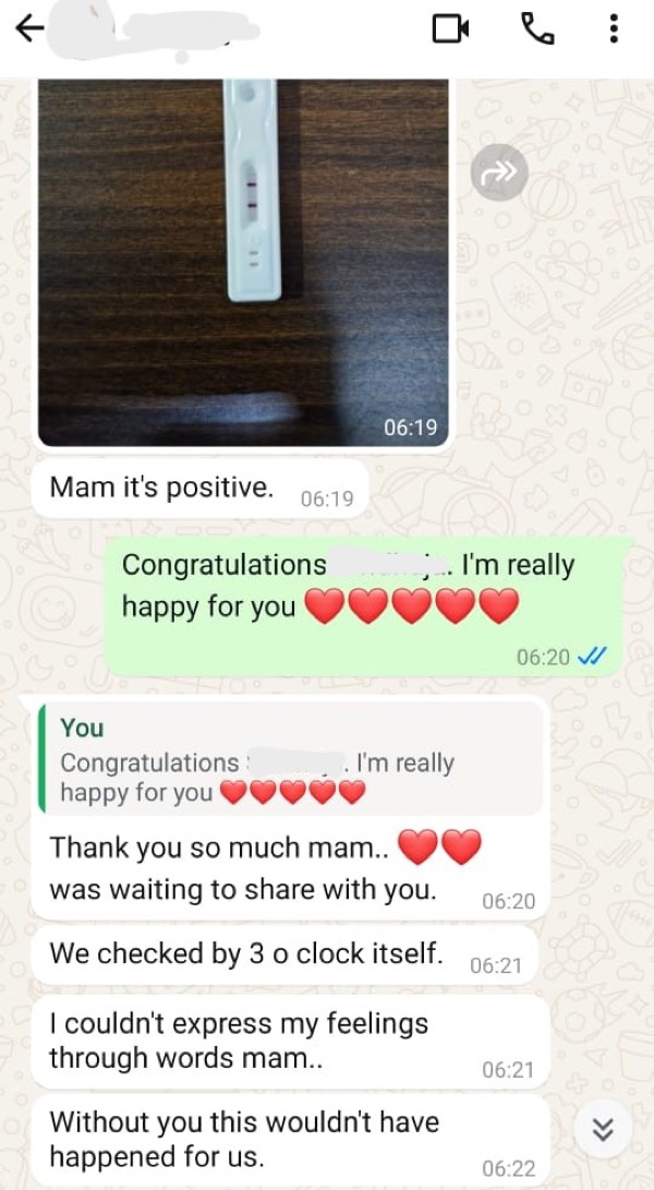 Early morning positive pregnancy test shared emotionally with Dr. Suganya