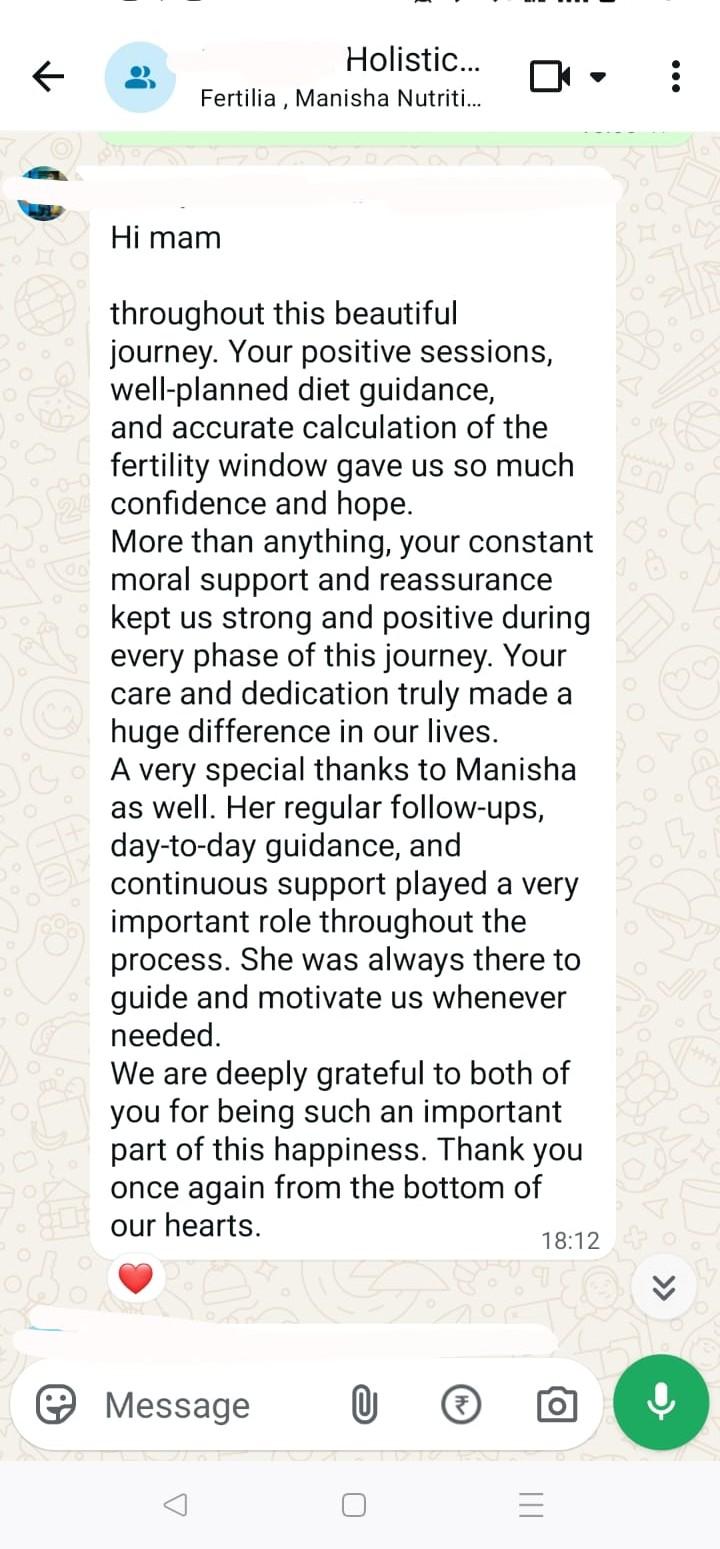 IVF support gratitude WhatsApp message — natural conception after 3 failed IUI cycles and a failed IVF at Fertilia