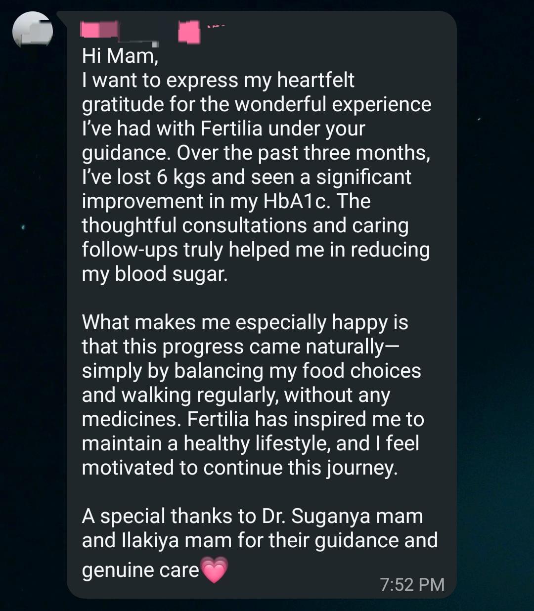 Fertilia IVF prep gratitude WhatsApp — 6 kgs lost, HbA1c significantly improved before next embryo transfer