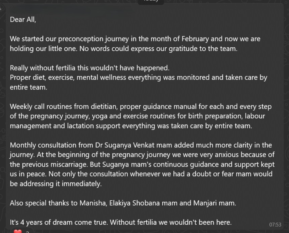 WhatsApp message celebrating baby's arrival after a 4-year preconception journey with Fertilia