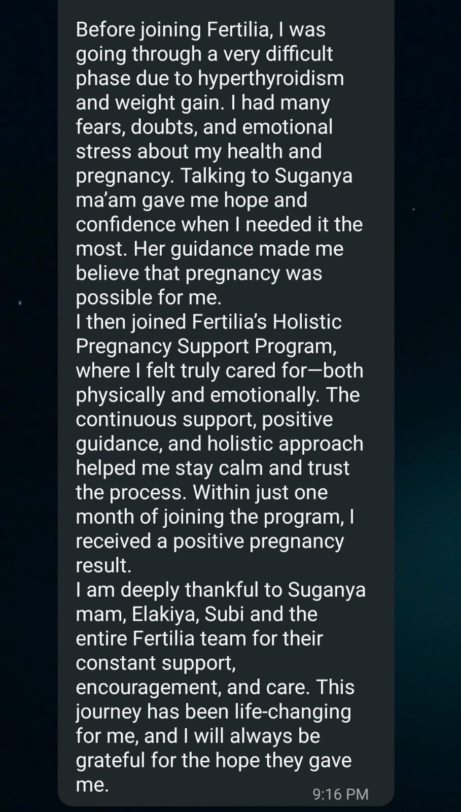 WhatsApp message: positive pregnancy result one month after starting Fertilia program despite hyperthyroidism and weight gain