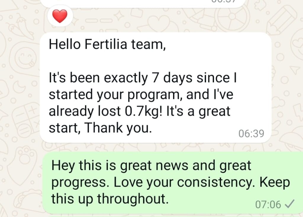 WhatsApp message: 0.7 kg loss in the first week of the Fertilia program